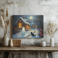 Holiday Cottage Black Cat Canvas Print, Christmas Ghost Canvas Wall Art, Whimsical Candy Cane Wall Canvas, Spooky Xmas Decor, Cat Lover Present