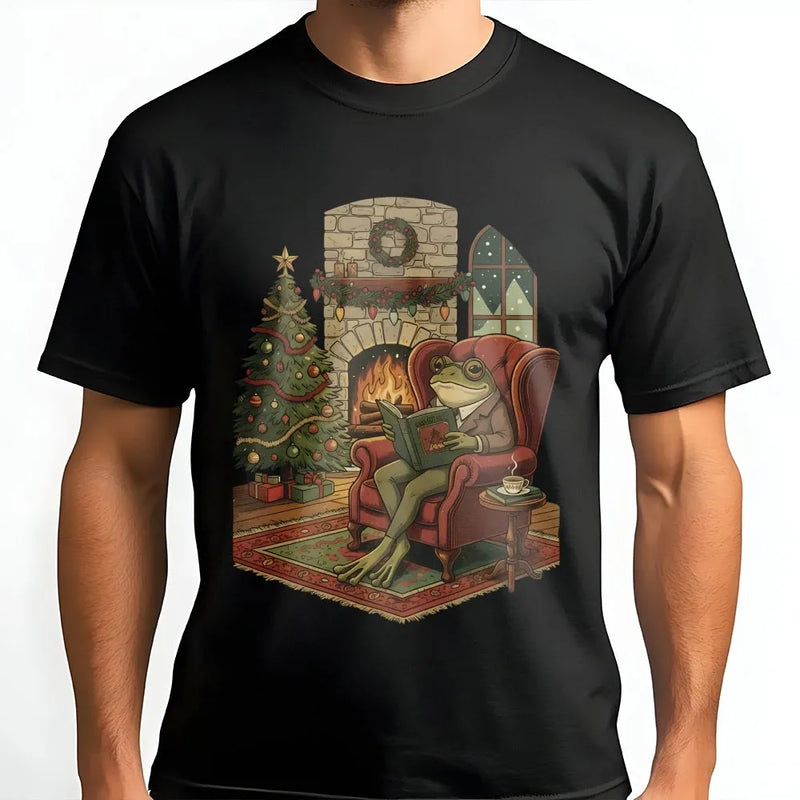 Adorable Toad Bookworm Shirt, Comfy Christmas Frog Reading Book T-Shirt, Book Lover Holiday Graphic Tee, Reader Christmas Graphic T-Shirt