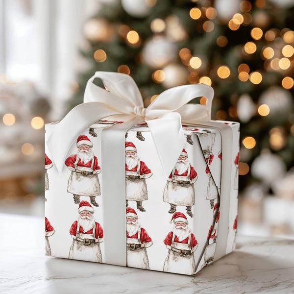 Watercolor Santa in Apron Gift Wrap, Santa Workshop Wrapping Paper, Rustic Santa Claus Christmas Paper, Holiday Party Present