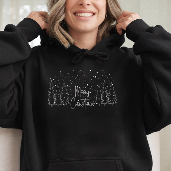 Minimalist Pine Tree Snowy Winter Hoodie, Merry Christmas Hoodie, Aesthetic Christmas Forest Sweatshirt, Comfy Holiday Pullov