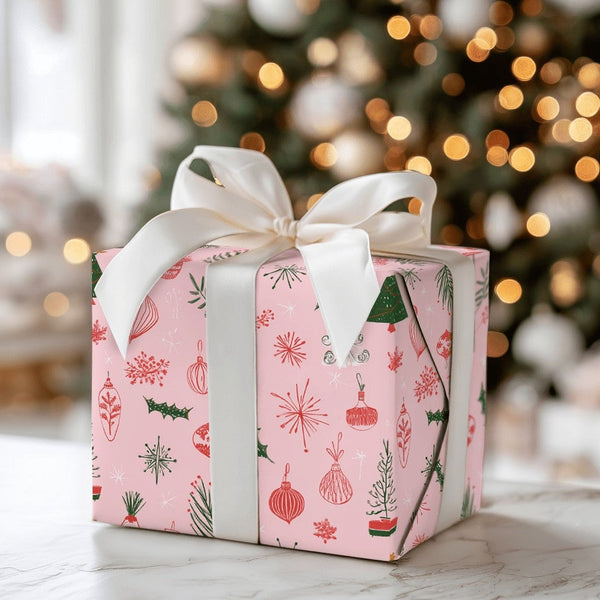Hand Drawn Holiday Ornament Gift Wrap, Pink Christmas Tree Wrapping Paper, Pastel Pink Christmas Wrapping Paper, Festive Xmas