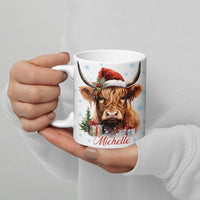 Festive Winter Highland Cow Mug, Highland Cow Santa Hat Christmas Mug, Adorable Snowflake Holiday Farm Animal Mug, Xmas Farmhouse Present