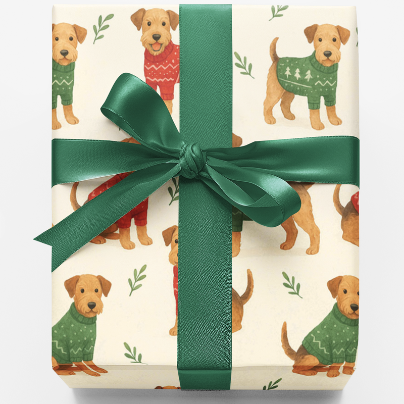 Adorable Holiday Dog Gift Wrap, Airedale Terrier Wrapping Paper, Festive Puppy Wrapping Paper, Dog Lover Christmas Gift Wrap Roll, Pet Present