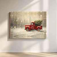 Snowy Winter Forest Canvas Wall Art, Merry Christmas Red Truck Canvas Print, Holiday Farmhouse Canvas Artwork, Festive Xmas Wall Decor