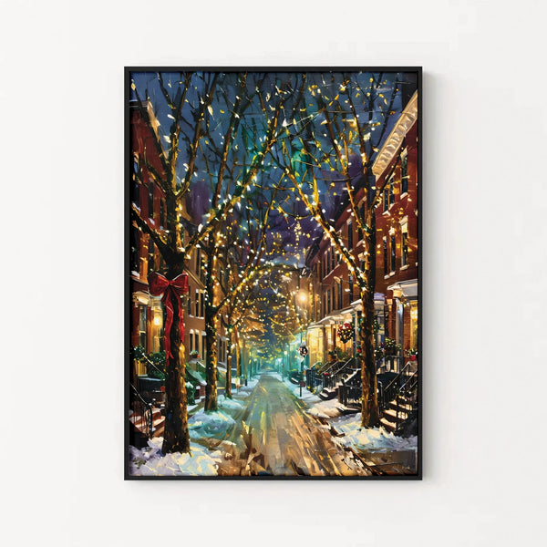 Snowy City Street Print, Christmas City Scene Poster, Vintage Holiday Town Wall Art, Comfy Winter Christmas House Decor