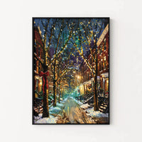 Snowy City Street Print, Christmas City Scene Poster, Vintage Holiday Town Wall Art, Comfy Winter Christmas House Decor