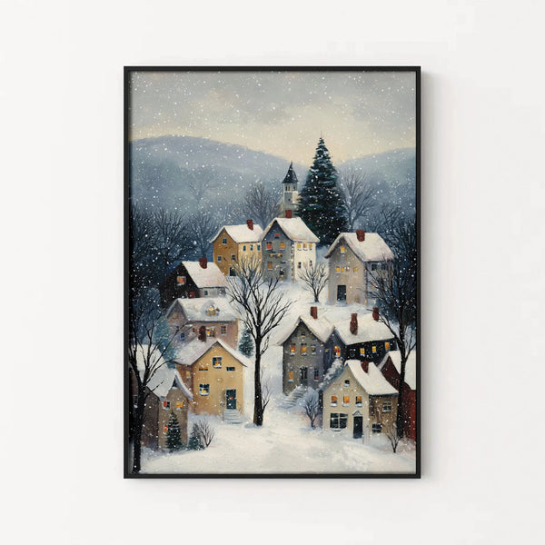 Comfy Snowy Town Painting Print, Winter Village Wall Art Poster, Rustic Christmas Holiday Poster, Seasonal Living Room Wall D