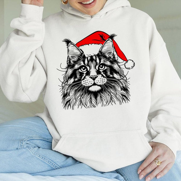 Santa Hat Graphic Kitten Sweatshirt, Maine Coon Cat Christmas Hoodie, Festive Pet Lover Pullover, Adorable Holiday Cat Mom Xm