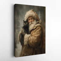 Black Cat Holiday Canvas Print, Vintage Santa Claus Canvas Wall Art, Whimsical Christmas Canvas Decor, Retro Festive Wall Art Present