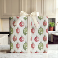 Red and Green Baubles Gift Wrap, Watercolor Christmas Ornament Wrapping Paper, Holiday Ornament Wrapping Paper, Festive Present Packaging Roll