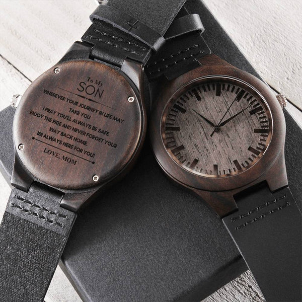 Sandalwood Mens Watch with Japanese Quartz Movement, Son Engraved Wooden Watch, Leather Band Timepiece, Birthday Christmas Pr