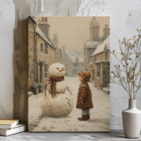 Winter Village Scene Canvas Print, Vintage Snowman Canvas Wall Art, Nostalgic Christmas Wall Art, Holiday Snowman Canvas, Winter Home Decor