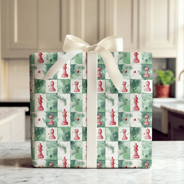 Watercolor Checkerboard Gift Wrap, Chess Christmas Wrapping Paper, Red Chess Pieces Wrapping Paper, Holiday Board Game Wrappi