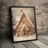 Snowy Winter Cabin Canvas Print, Christmas Gingerbread House Wall Art, Festive Holiday Wall Decor, Seasonal Christmas Cottage Canvas