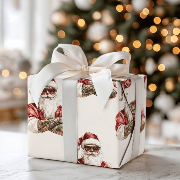 Tattooed Santa Christmas Wrapping Paper, Cool Sunglasses Santa Wrapping Paper, Edgy Holiday Gift Wrap, Fun Xmas Gift Wrapping