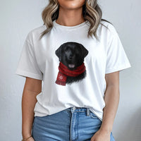 Adorable Dog in Red Scarf Graphic Tee, Black Labrador Christmas T-Shirt, Black Lab Holiday Dog Lover Shirt, Winter Xmas Dog Owner Present T-Shirt