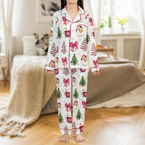 Christmas Tree Holiday Pajamas, Vintage Santa Satin Pajama Set, Retro Winter Sleepwear, Silky Xmas Pajama Set, Holiday Lounge