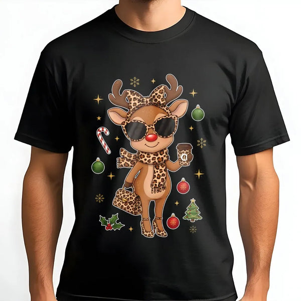 Leopard Print Christmas T-Shirt, Boujee Reindeer T-Shirt, Adorable Holiday Animal Graphic Tee, Retro Winter Reindeer Shirt, W
