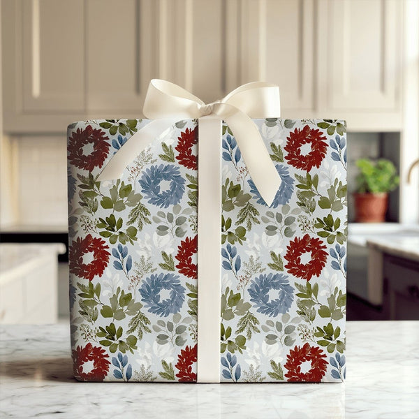 Red and Blue Holiday Wrapping Paper, Watercolor Wreath Christmas Wrapping Paper, Botanical Wreath Gift Wrap, Winter Wrapping 