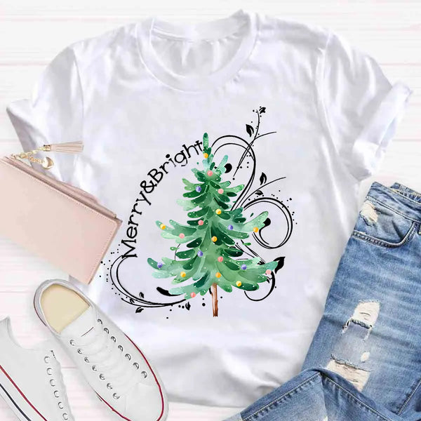Festive Holiday Graphic Tee, Merry and Bright Christmas Tree Shirt, Retro Xmas Tree T-Shirt, Christmas Season Apparel, Winter