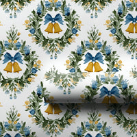 Floral Wreath Damask Gift Wrap, Golden Bells Christmas Wrapping Paper, Elegant Holiday Wrapping Paper, Traditional Seasonal Present Wrap