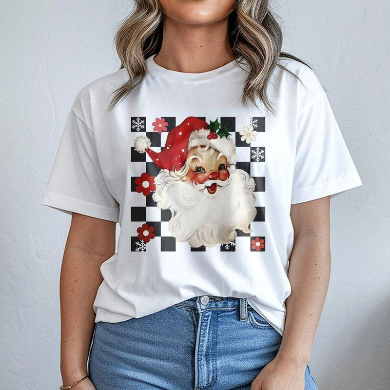 Vintage Checkered Santa Shirt, Retro Santa T-Shirt, Festive Holiday Graphic Tee, 90s Christmas Santa T-Shirt, Adorable Winter Present for Women