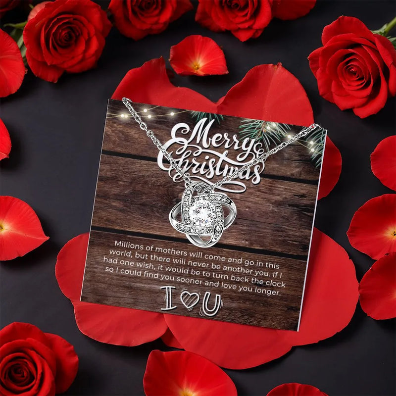 Merry Christmas Message Card Pendant, Love Knot Necklace for Mom, CZ Crystal Jewelry, Gold Finish Necklace