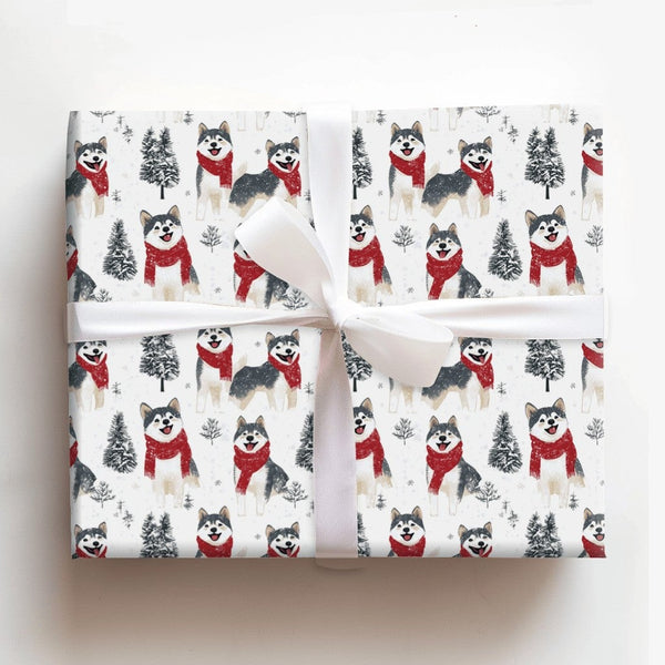 Winter Dog Gift Wrap Roll, Siberian Husky Christmas Wrapping Paper, Adorable Puppy Holiday Wrapping Paper, Husky Pet Lover Ch