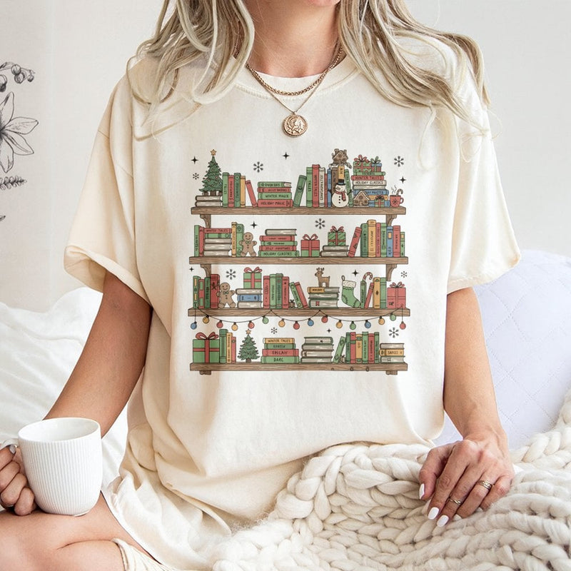 Holiday Book Lover Tee, Christmas Bookshelf T-Shirt, Festive Librarian Graphic Shirt, Reading Season Xmas Top, Bookish Reader Christmas Tee