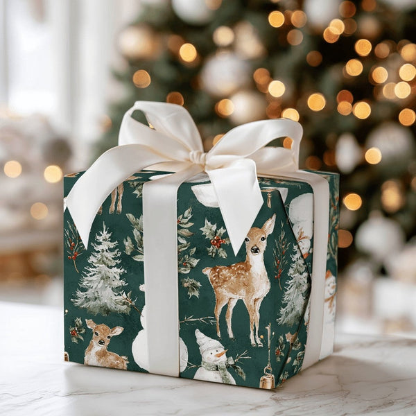 Vintage Christmas Gift Wrap, Woodland Deer Snowman Wrapping Paper, Forest Green Holiday Wrapping Paper, Rustic Winter Gift Wr