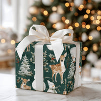 Vintage Christmas Gift Wrap, Woodland Deer Snowman Wrapping Paper, Forest Green Holiday Wrapping Paper, Rustic Winter Gift Wrap Roll