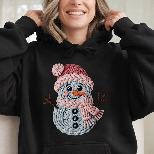 Crochet Faux Yarn Graphic Hooded Sweatshirt, Christmas Snowman Hoodie, Adorable Winter Snowman Hoodie, Comfy Holiday Season P