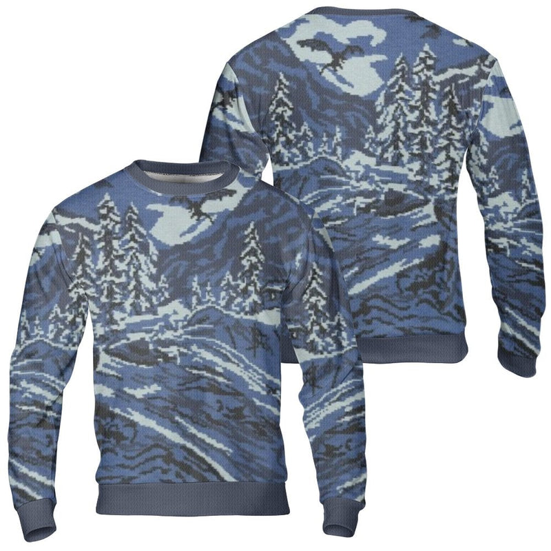 Pixel Art Mountain Ugly Sweater, Winter Landscape Ugly Sweater, Nature Forest Holiday Sweater, Comfy Cabin Christmas Ugly Sweater Pullover