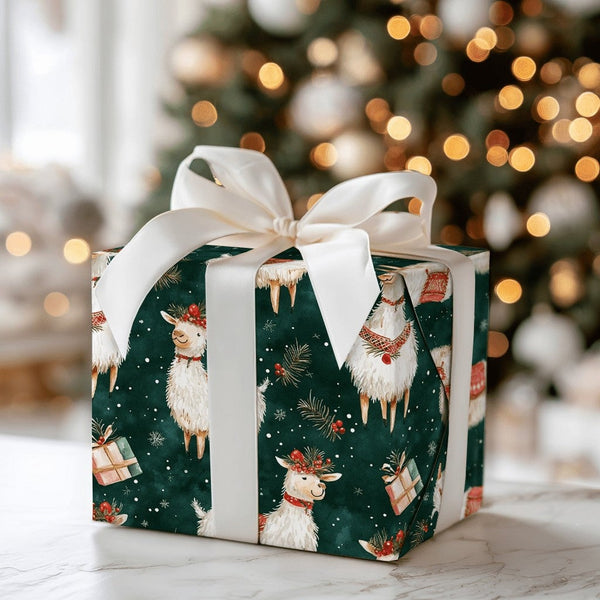 Green Watercolor Alpaca Gift Wrap, Christmas Llama Wrapping Paper, Festive Animal Wrapping Paper Roll, Holiday Farm Gift Wrap