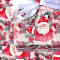 Cheerful Santa Holiday Gift Wrap, Watercolor Santa Claus Wrapping Paper, Pinecone Holly Xmas Wrapping Paper, Festive Christmas Present Wrap
