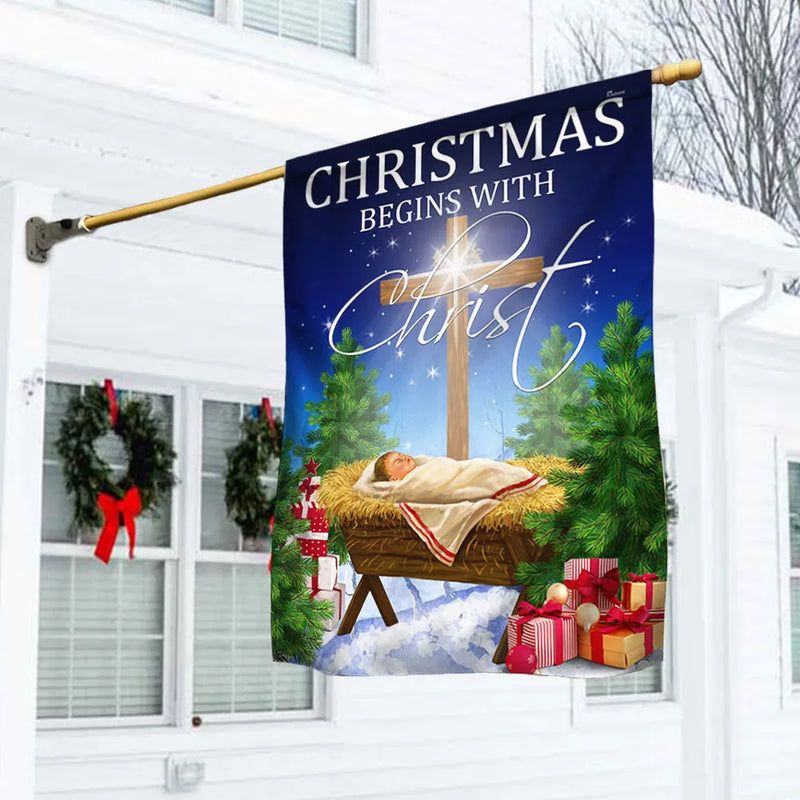 Nativity Baby Jesus Manger Yard Flag, Christmas Begins with Christ Garden Flag, Double-Sided Holiday Lawn Flag, Faith Porch Decor