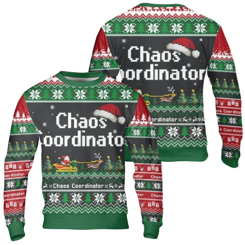 Pixelated Santa Sleigh Ugly Sweater, Chaos Coordinator Ugly Christmas Sweater, Humorous Holiday Sweatshirt, Winter Graphic Ugly Sweater Present