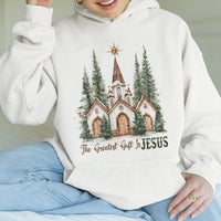 Watercolor Christmas Church Hooded Sweatshirt, The Greatest Present Is Jesus Hoodie, Religious Christian Faith Pullover, Nativity Xmas Hoodie