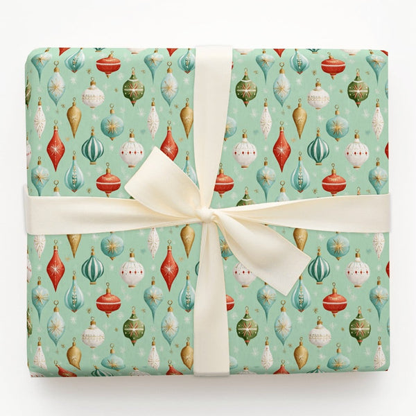 Retro Holiday Gift Wrap, Vintage Christmas Ornament Wrapping Paper, Mint Green Xmas Wrapping Paper Roll, Nostalgic Tree Baubl