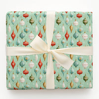 Retro Holiday Gift Wrap, Vintage Christmas Ornament Wrapping Paper, Mint Green Xmas Wrapping Paper Roll, Nostalgic Tree Baubles Wrap