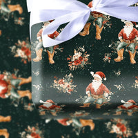 Western Floral Holiday Gift Wrap, Cowboy Santa Christmas Wrapping Paper, Rustic Country Santa Wrapping Paper, Dark Green Xmas Gift Wrap