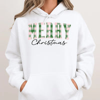 Buffalo Plaid Checkered Lettering Sweatshirt, Merry Christmas Hoodie, Comfy Holiday Winter Pullover, Festive Christmas Party Hoodie