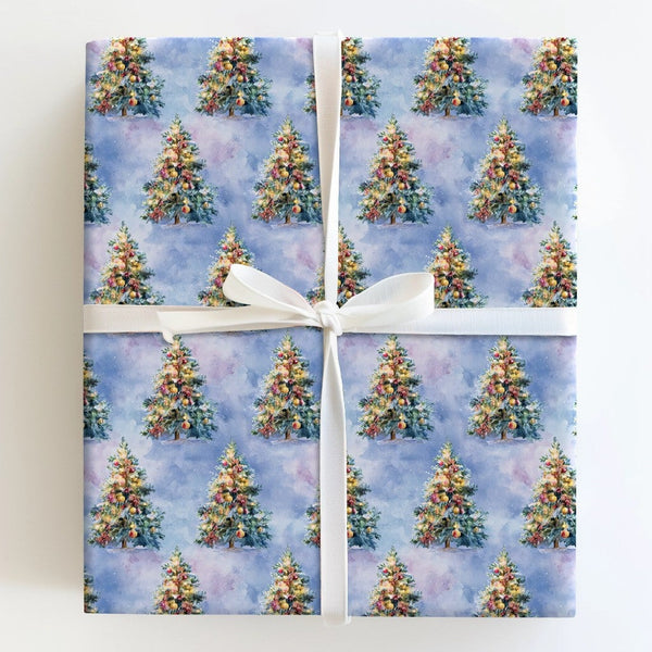 Blue Snowy Holiday Wrapping Paper, Watercolor Christmas Tree Wrapping Paper, Artistic Christmas Wrapping Paper, Seasonal Gift