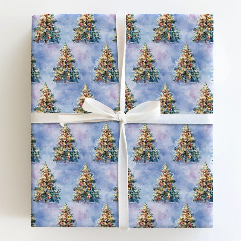 Blue Snowy Holiday Wrapping Paper, Watercolor Christmas Tree Wrapping Paper, Artistic Christmas Wrapping Paper, Seasonal Gift Wrap Roll