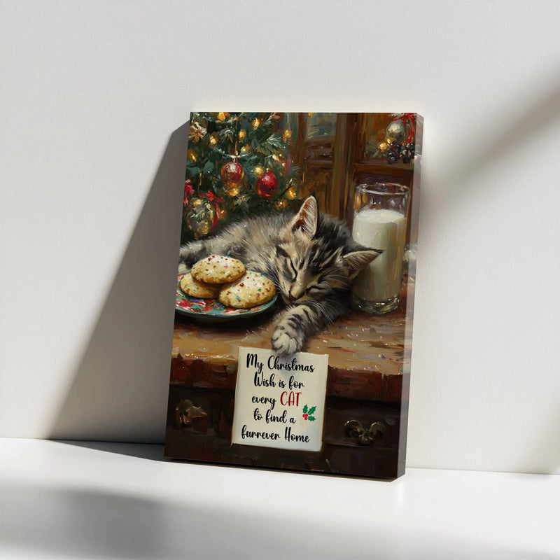 Adorable Holiday Cat Canvas Print, Sleeping Kitten Christmas Canvas Art, Furrever Home Xmas Wall Decor Canvas, Comfy Winter Pet Lover Present