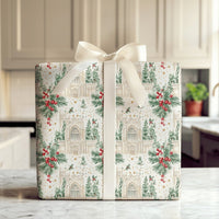 Gothic Church Holiday Wrapping Paper, Cathedral Christmas Wrapping Paper, Holly Berry Winter Wrapping Paper, Elegant Church Scene Gift Wrap