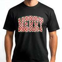 Checkered Red Font Holiday Tee, Retro Merry Christmas T-Shirt, Vintage Christmas Vibes Shirt, Adorable Comfy Winter Vacation Graphic T-Shirt