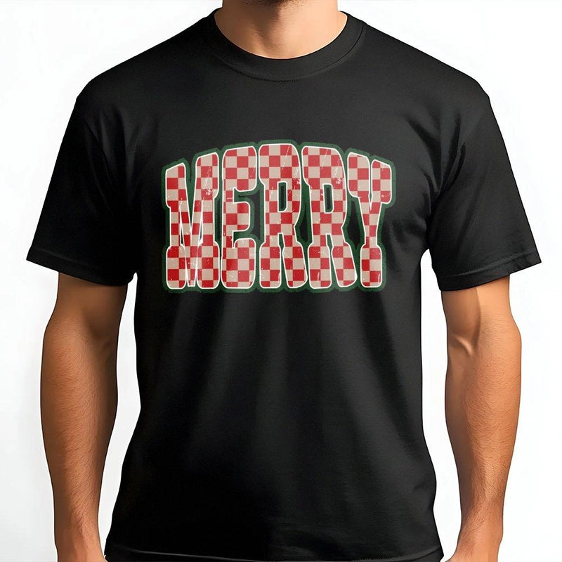 Checkered Red Font Holiday Tee, Retro Merry Christmas T-Shirt, Vintage Christmas Vibes Shirt, Adorable Comfy Winter Vacation Graphic T-Shirt