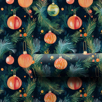 Pine Branch Holiday Gift Wrap, Watercolor Ornament Christmas Wrapping Paper, Dark Green Xmas Wrapping Paper, Festive Winter Gift Wrap Roll