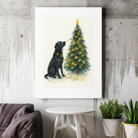 Watercolor Holiday Dog Lights Poster, Black Labrador Christmas Tree Canvas Art, Festive Pet Decor Print, Digital Download Present